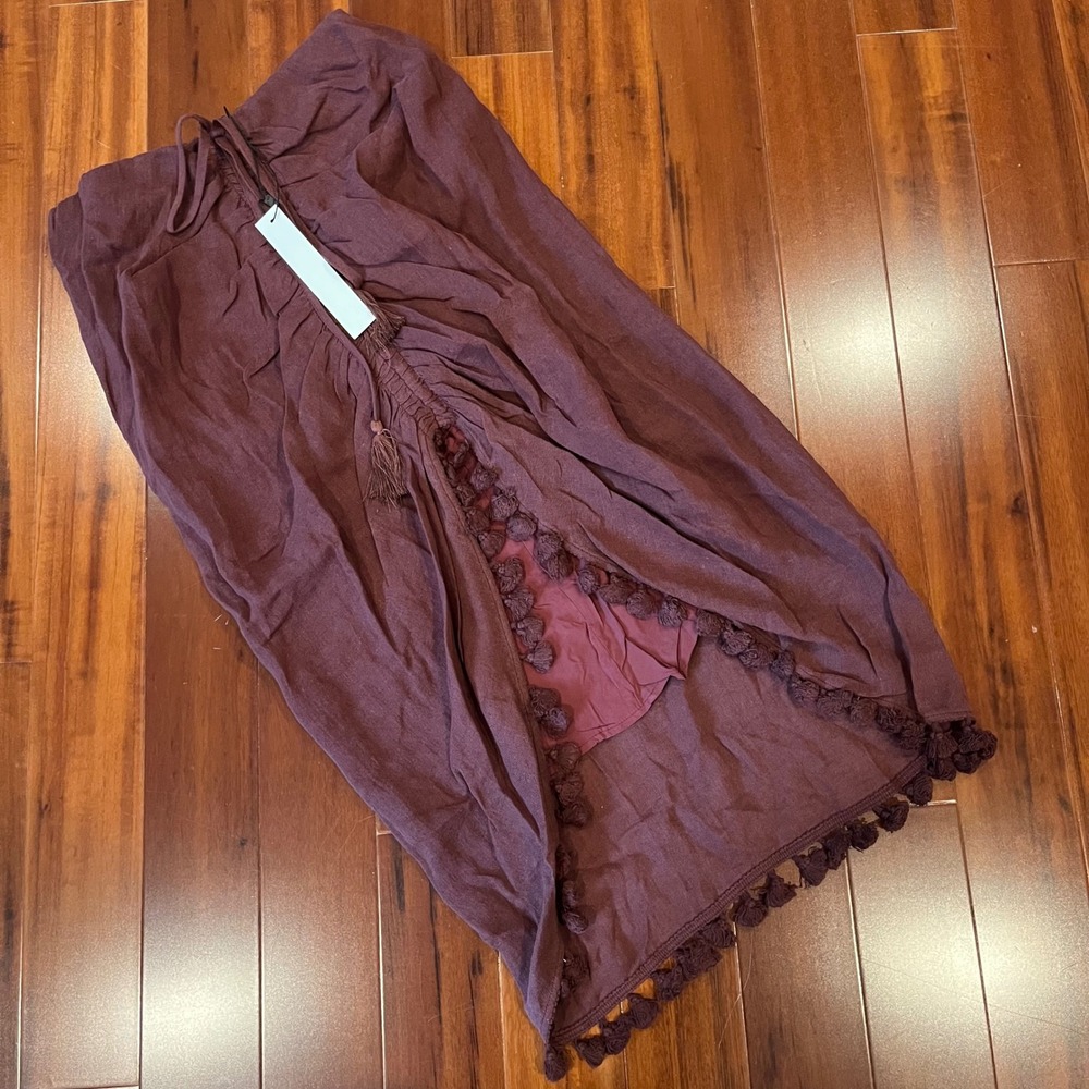 Maroon Boho Fringe Skirt Hi Lo Pom Hem Ramie Cotton Midi Burgundy New Small